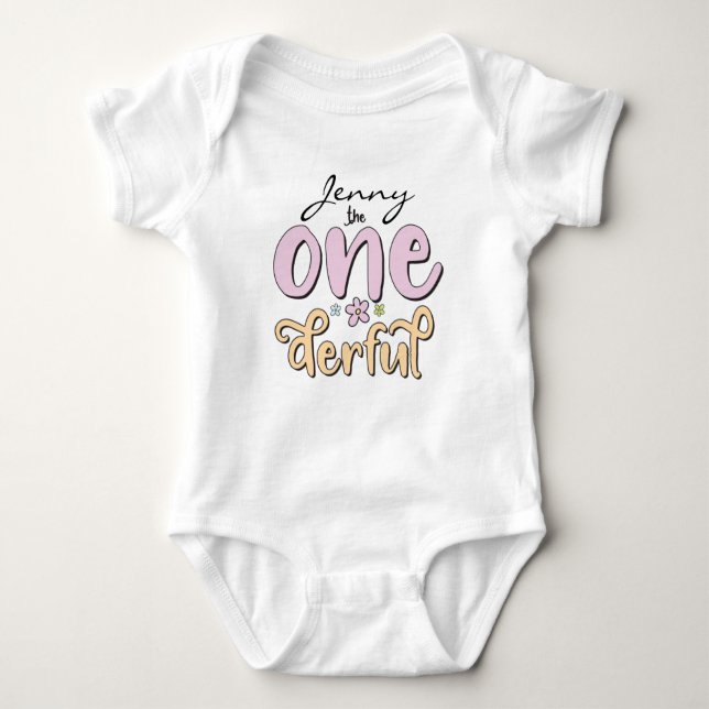"One-derful", personalisierter Name, Blumen Baby Strampler (Vorderseite)