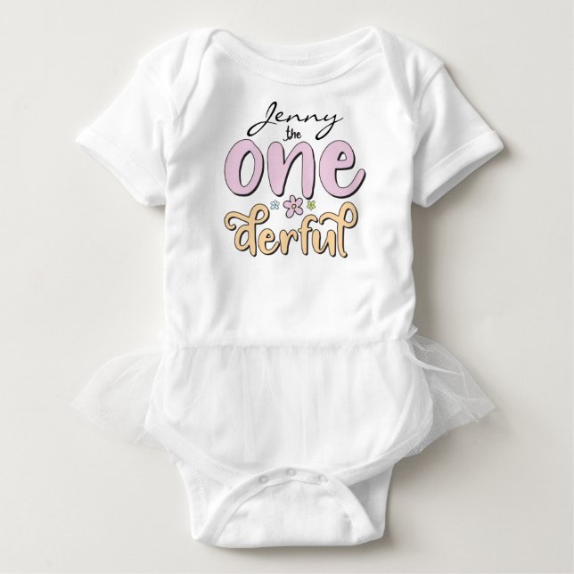 "One-derful", personalisierter Name, Blumen Baby Strampler (Vorderseite)