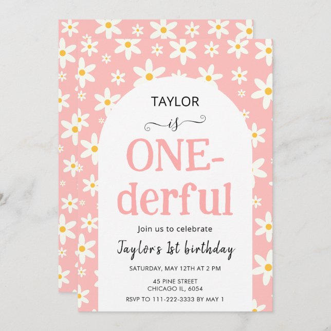 ONE-derful Pink Daisy 1st Birthday Einladung (Vorne/Hinten)