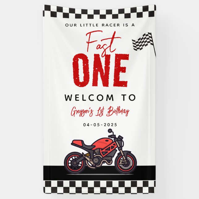 One Fast Race Motorcycle Boy 1st Birthday Party Banner (Vertikal)