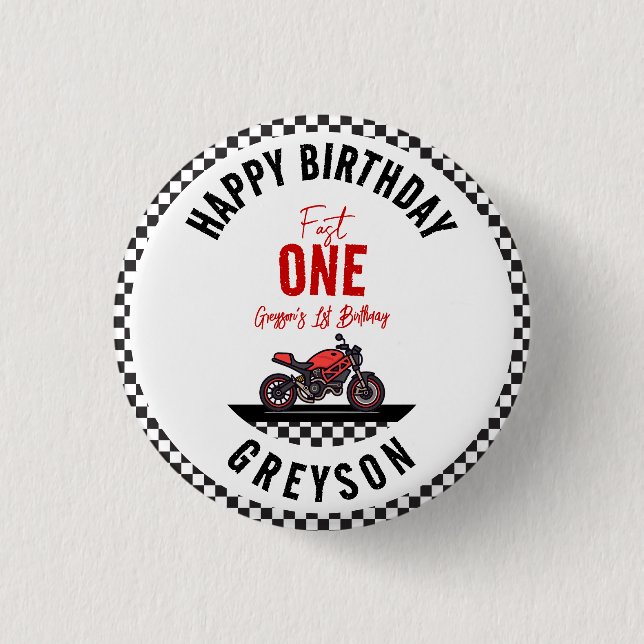 One Fast Race Motorcycle Boy 1st Birthday Party Button (Vorderseite)