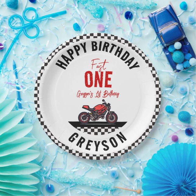 One Fast Race Motorcycle Boy 1st Birthday Party Pappteller (Party)