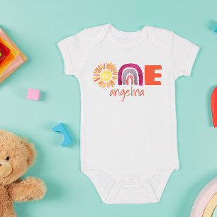 One First Birthday Baby Boho Rainbow with Name Strampler