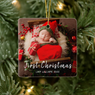 One Foto Baby First Weihnachten Moderne Weiße Text Keramikornament