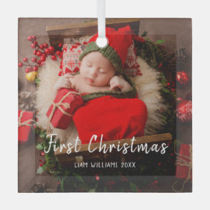 One Foto Baby First Weihnachten Moderne Weiße Text Ornament Aus Glas
