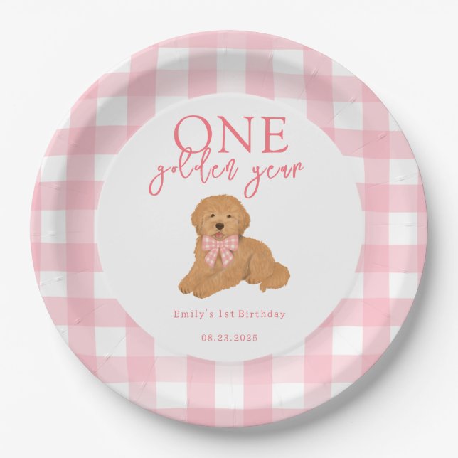 One Golden Year Golden Doodle Girls Birthday Pappteller (Vorderseite)