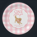 One Golden Year Retriever First Birthday Party Pappteller<br><div class="desc">Celebrate her One Golden Year in sweet puppy style with this round paper plate. A pink gingham border surrounds a scalloped center that features a golden retriever and editable text for your girl's name and first birthday date. Perfect for cake slices, snacks, and photo ready table settings at any golden...</div>