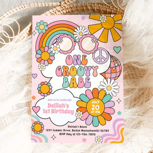 One Groovy Babe 70er Blume Power Rainbow Birthday Einladung (Von Creator hochgeladen)