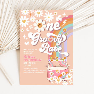One Groovy Babe Daisy Rainbow 1. Geburtstag Einladung