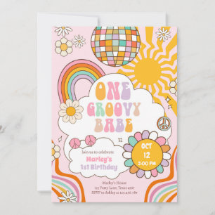 One Groovy Babe Retro 70er Rainbow 1. Geburtstag Einladung