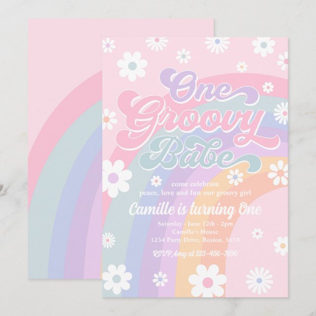 One Groovy Babe Retro Daisy Pink Rainbow Birthday Einladung (Vorne/Hinten)