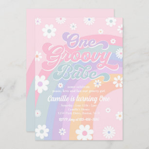 One Groovy Babe Retro Daisy Pink Rainbow Birthday Einladung