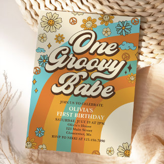 One Groovy Babe Retro Rainbow 1. Geburtstags-Party Einladung