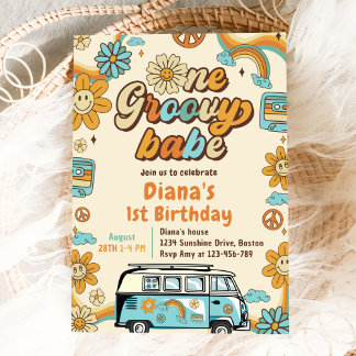 One Groovy Babe Retro Rainbow 1. Geburtstags-Party Einladung