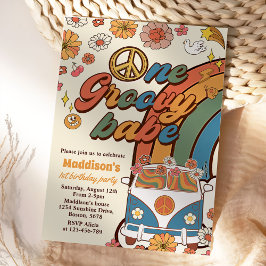 One Groovy Babe Retro Rainbow 1. Geburtstags-Party Einladung
