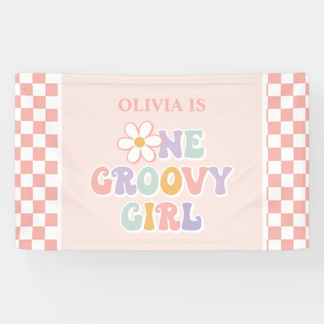 One Groovy Girl Pink Daisy Schachbrett Banner (Horizontal)