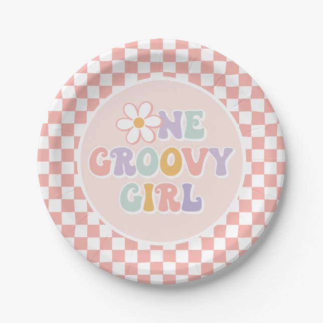 One Groovy Girl Pink Daisy Schachbrett Pappteller (Vorderseite)