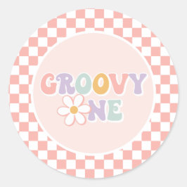 One Groovy Girl Pink Daisy Schachbrett Runder Aufkleber