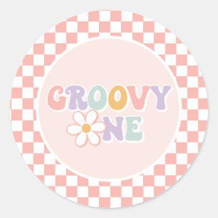 One Groovy Girl Pink Daisy Schachbrett Runder Aufkleber
