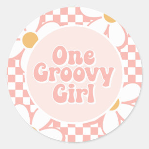 One Groovy Girl Pink Daisy Schachbrett Runder Aufkleber