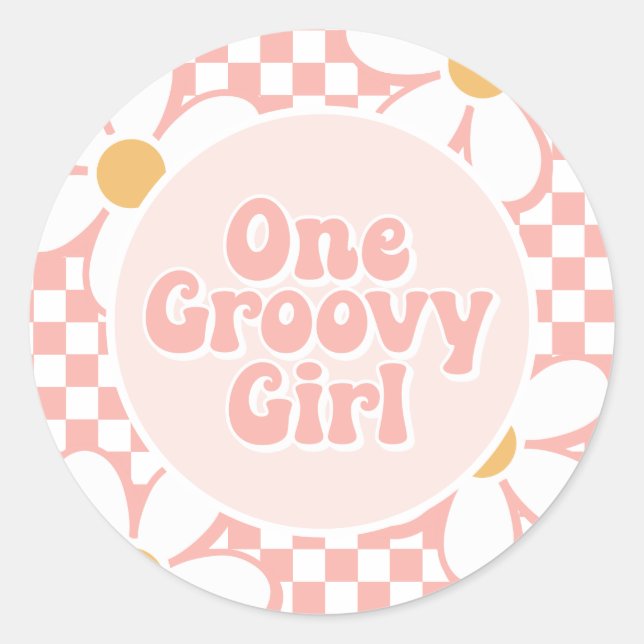 One Groovy Girl Pink Daisy Schachbrett Runder Aufkleber (Vorderseite)