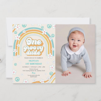 One Groovy Typ Retro Boy 1. Geburtstag Party Foto Einladung