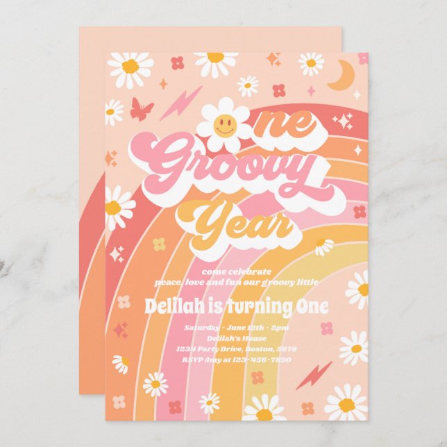 One GroovYear Peace Liebe Party Rainbow Birthday Einladung (Vorne/Hinten)