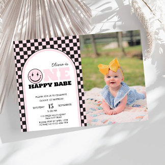 One Happy Babe Girls Pink Foto Geburtstag Einladung