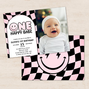 One Happy Babe Groovy Pink Karo Foto Geburtstag Einladung