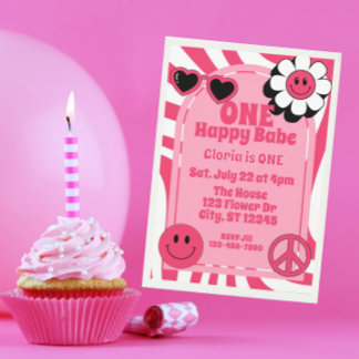 ONE Happy Babe, pink 1st Birthday Einladung