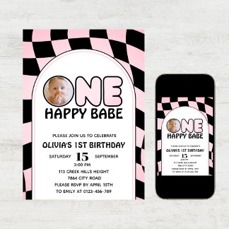 One Happy Babe Retro Groovy Girl Foto Geburtstag Einladung