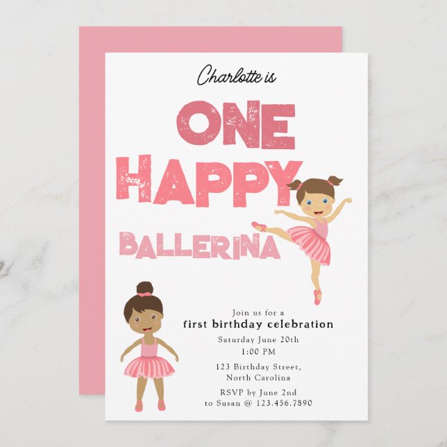 One Happy Ballerina Invite 1st Girl Birthday Einladung (Vorne/Hinten)