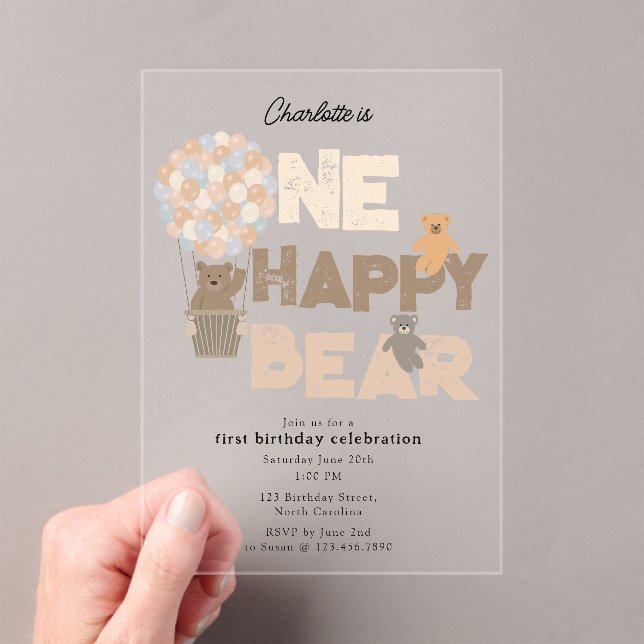One Happy Bear Invite 1st  First Birthday Cute Acryleinladungen (Insitu (Handheld))