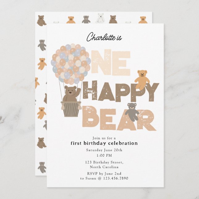 One Happy Bear Invite 1st  First Birthday Cute Einladung (Vorne/Hinten)