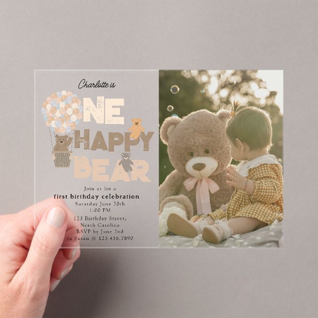 One Happy Bear Invite 1st  First Birthday Photo Acryleinladungen (Insitu (Handheld))