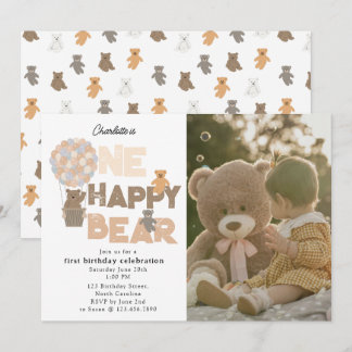 One Happy Bear Invite 1st  First Birthday Photo Einladung