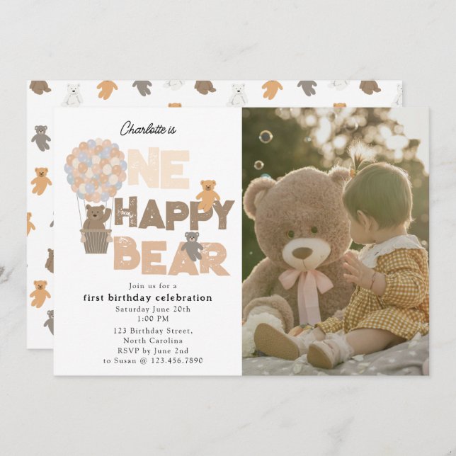 One Happy Bear Invite 1st  First Birthday Photo Einladung (Vorne/Hinten)