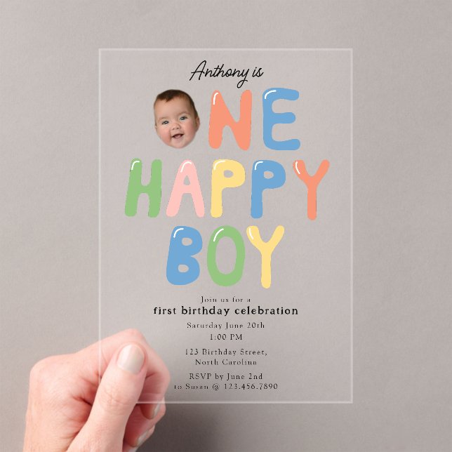 One Happy Boy Birthday Invite 1st Birthday Photo Acryleinladungen (Insitu (Handheld))