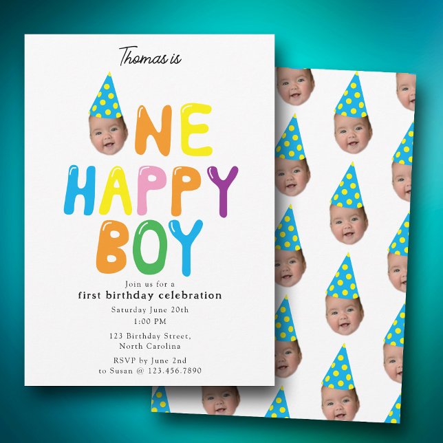 One Happy Boy  Birthday Invite 1st Birthday Photo  Einladung (One Happy Boy Birthday Invite 1st Birthday Photo)