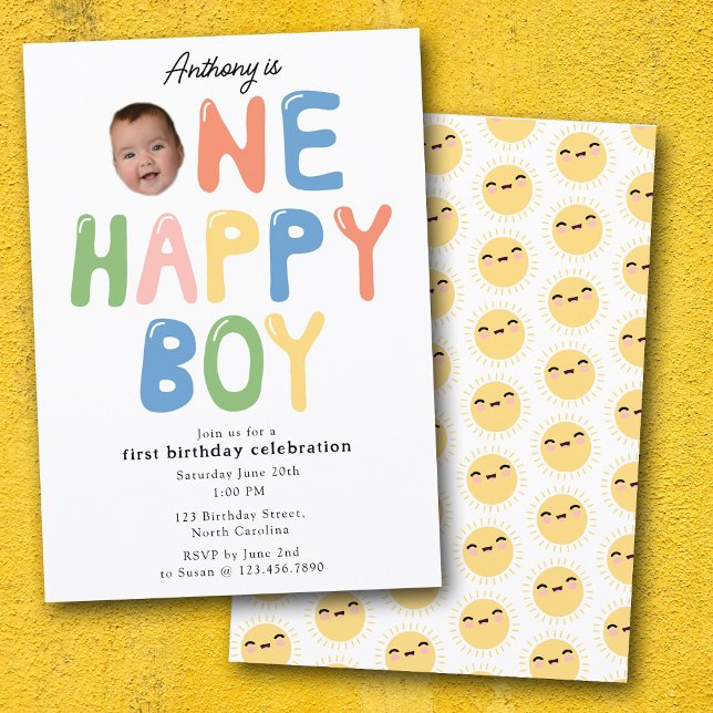 One Happy Boy Birthday Invite 1st Birthday Photo Einladung (One Happy Boy Birthday Invite 1st Birthday Photo)