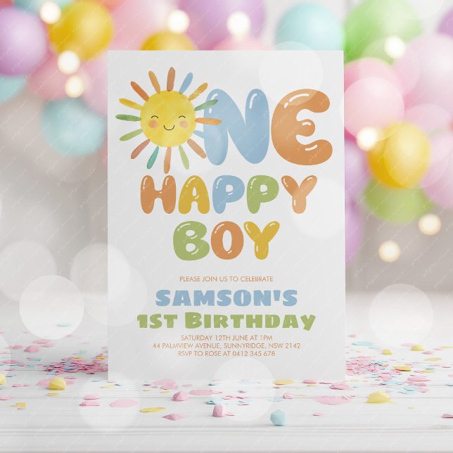 One Happy Boy Sun 1st Birthday Blue Einladung (One Happy Boy! Boy's sun 1st birthday invitation)