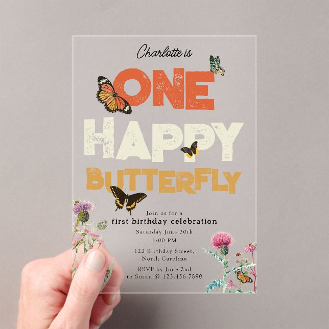One Happy Butterfly Invite 1st Wildflower Birthday Acryleinladungen (Insitu (Handheld))