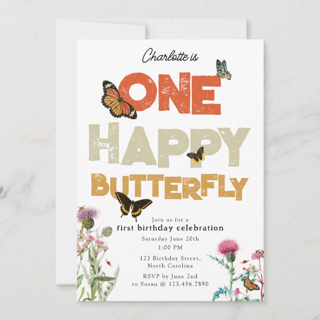One Happy Butterfly Invite 1st Wildflower Birthday Einladung (Vorderseite)