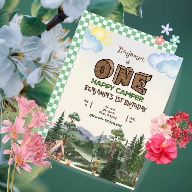One Happy Camper 1. Geburtstag Einladung - Bearbei (One Happy Camper 1st Birthday Invitation - Editable & Printable)