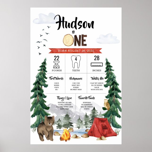 One Happy Camper 1. Geburtstag Meilenstein Chart Poster (Vorne)