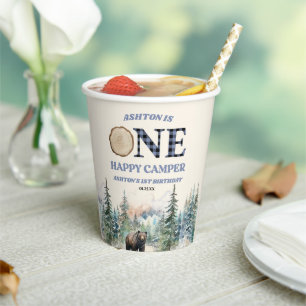ONE Happy Camper Bear Blue 1. Geburtstag Party Pappbecher