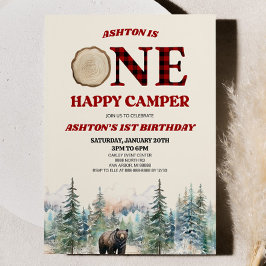 ONE Happy Camper Bear Red 1. Geburtstag Party Einladung