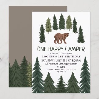 One Happy Camper Bear Woodland 1. Geburtstag Einladung