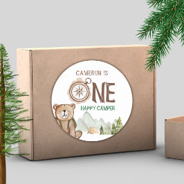 One Happy Camper Bear Woodland 1. Geburtstag Runder Aufkleber