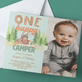 One Happy Camper Boy Foto 1. Geburtstag Einladung